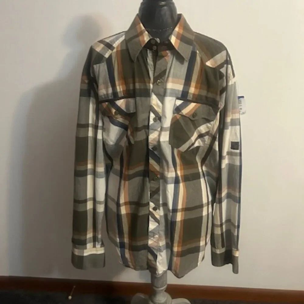 Knockout Jeans Brown/Green plaid roll tab sleeves button down shirt, size 2X